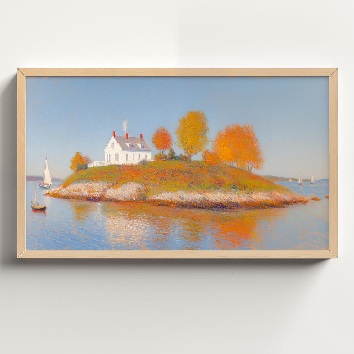 White Cottage Island Autumn Trees Sailboats Coastal Landscape Poster