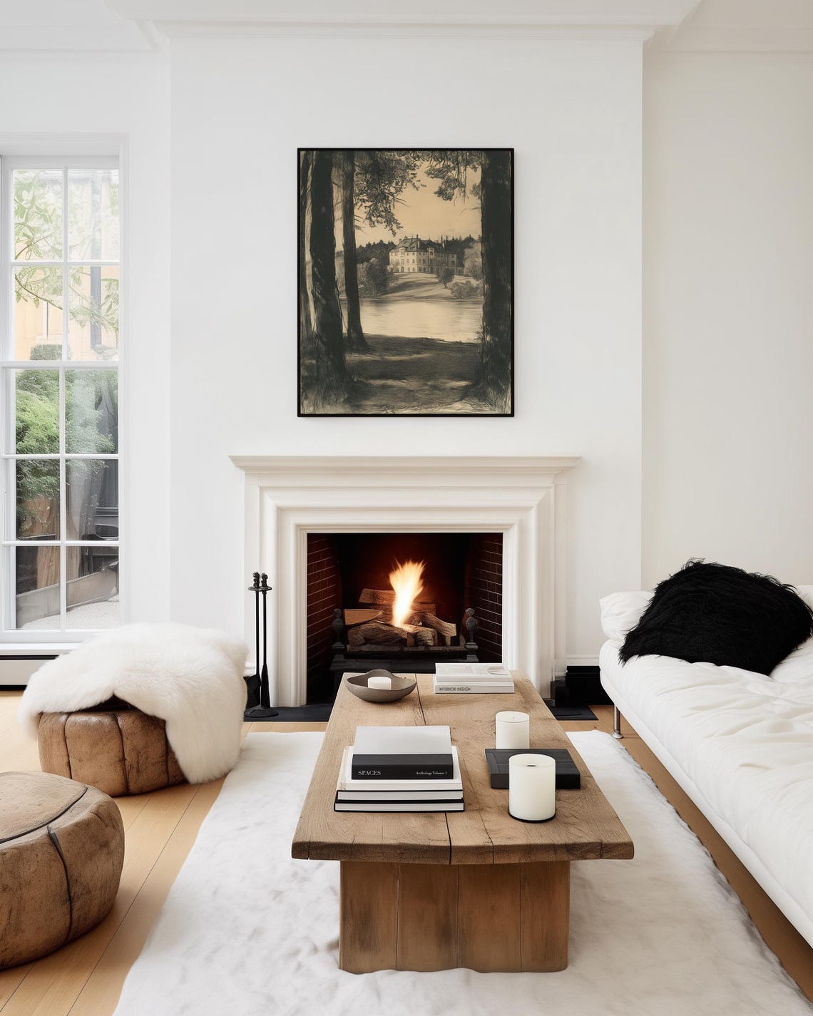 Lakeside Villa Charcoal Sketch Tall Trees Vintage Landscape Art Poster - Image 5