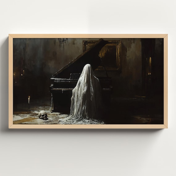 Ghost Playing a Grand Piano in a Haunted Dark Hall Halloween Poster