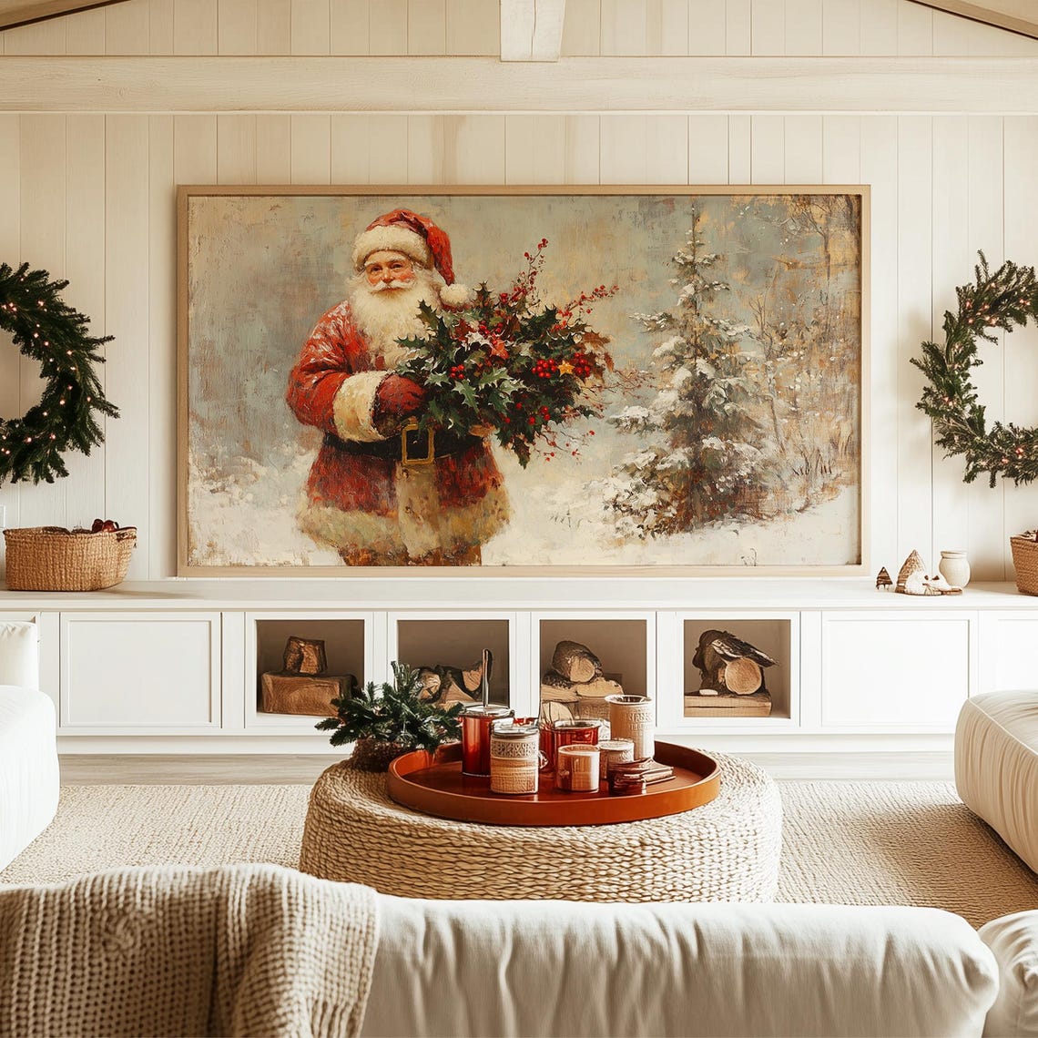 Vintage Santa Claus Carrying Holly Bouquet Snowy Landscape Art Poster - Image 3