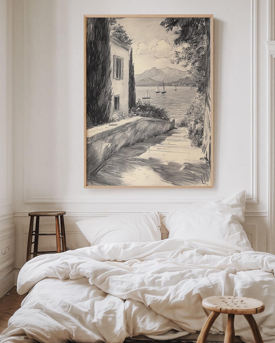 French Coastal Villa Path Sailboats Black White Seascape Sketch Poster - Image 3