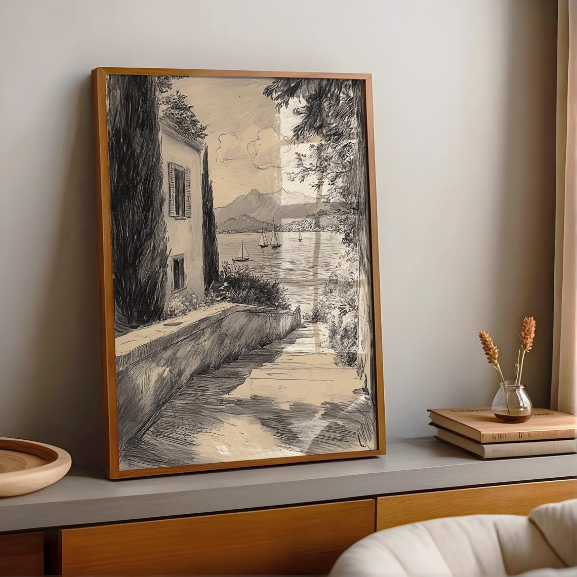 French Coastal Villa Path Sailboats Black White Seascape Sketch Poster - Image 4