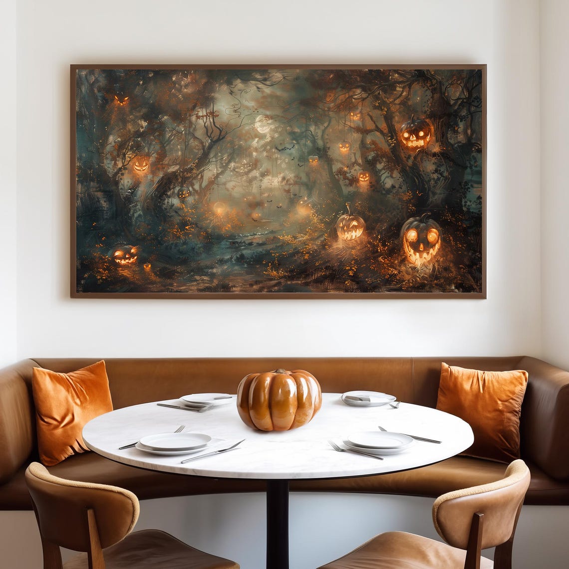 Misty Moonlit Forest With Floating Glowing Jack O Lantern Faces Poster - Image 4