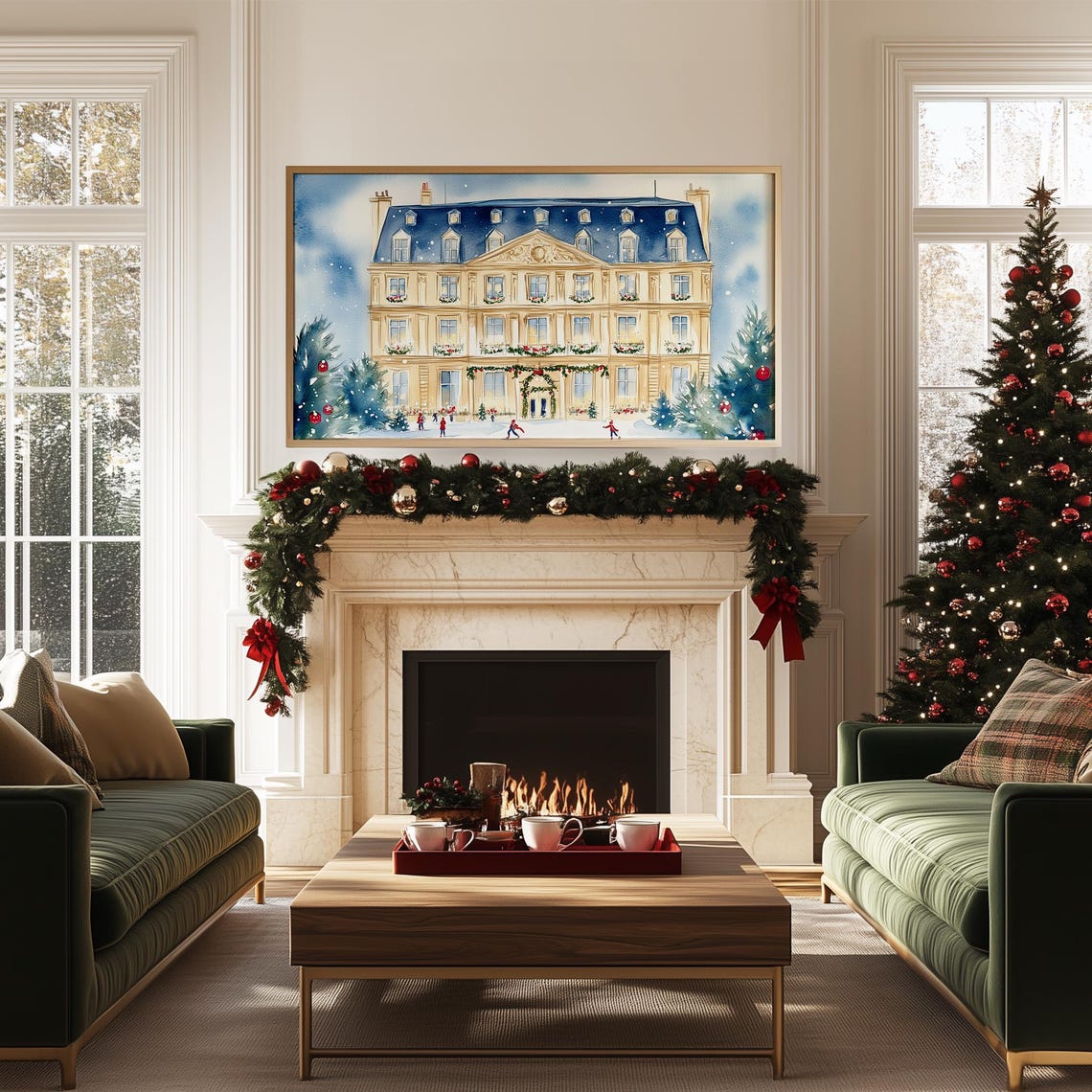 Grand French Chateau in Snow with Ice Skaters Watercolor Poster - Image 5