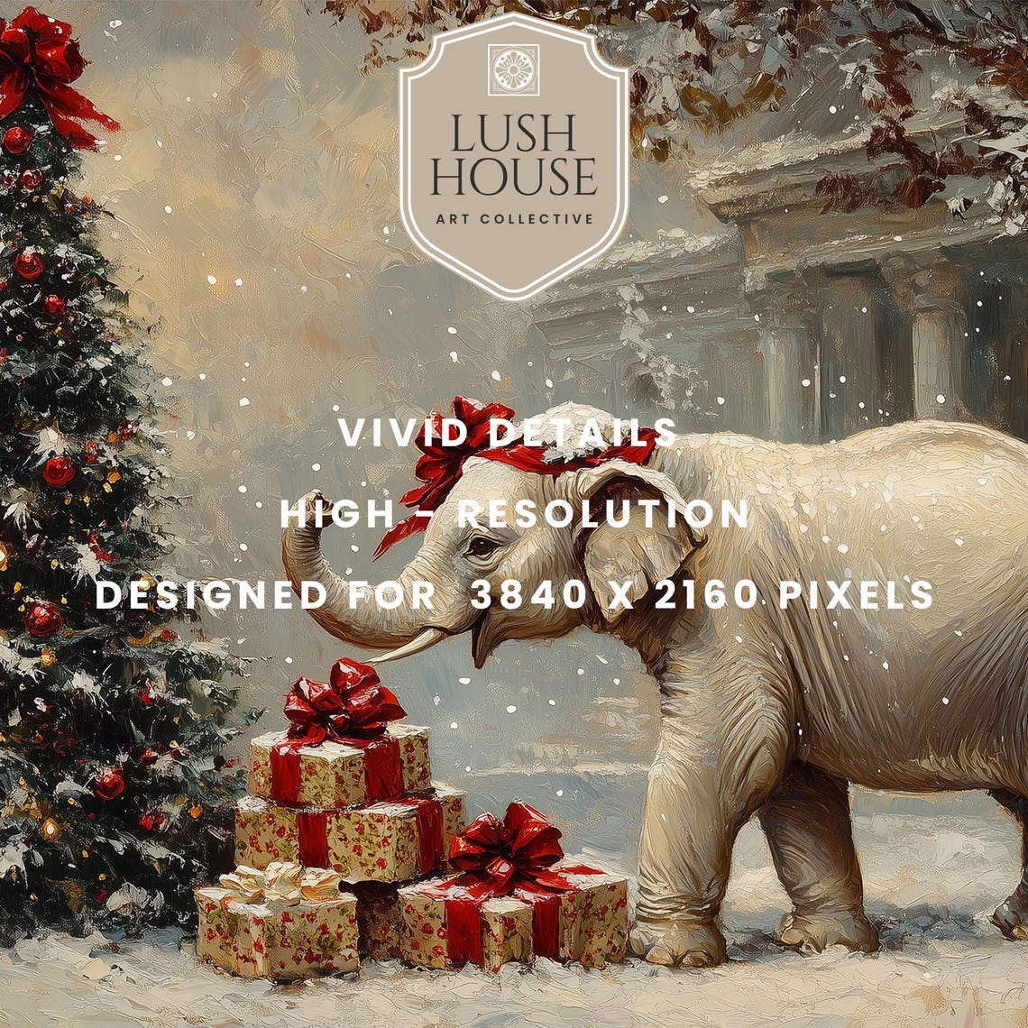 White Elephant With Red Bow Beside Christmas Tree Snowy Art Poster - Image 2