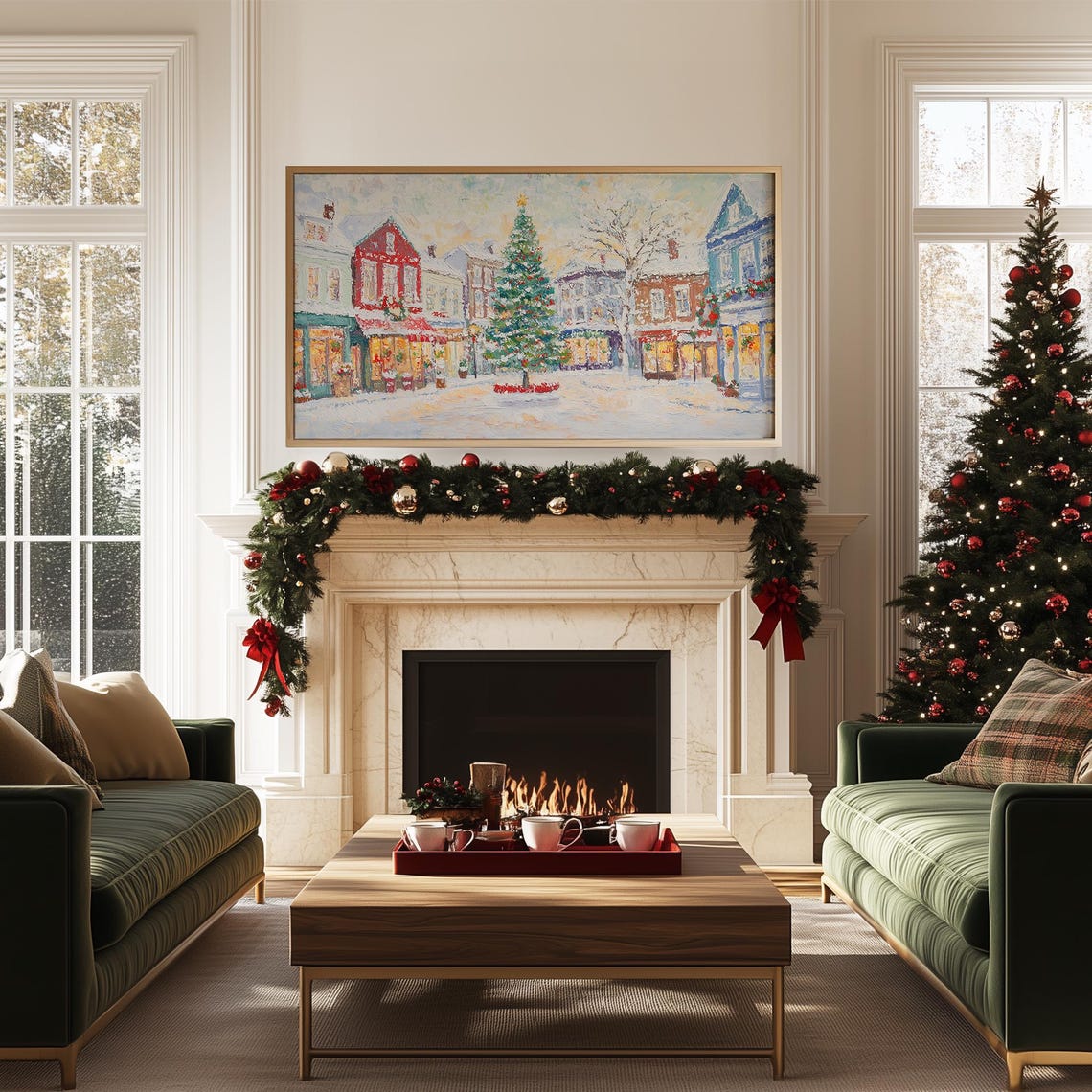 Snowy Town Square with a Lit Christmas Tree and Painted Shops Poster - Image 5