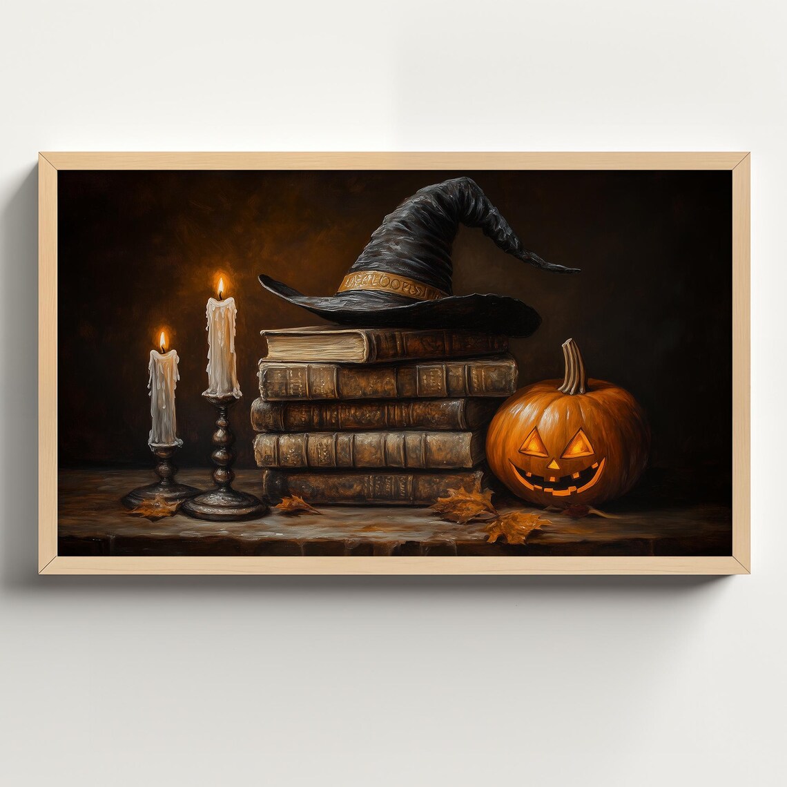 Witch Hat on a Stack of Spell Books with Jack O Lantern Halloween Poster