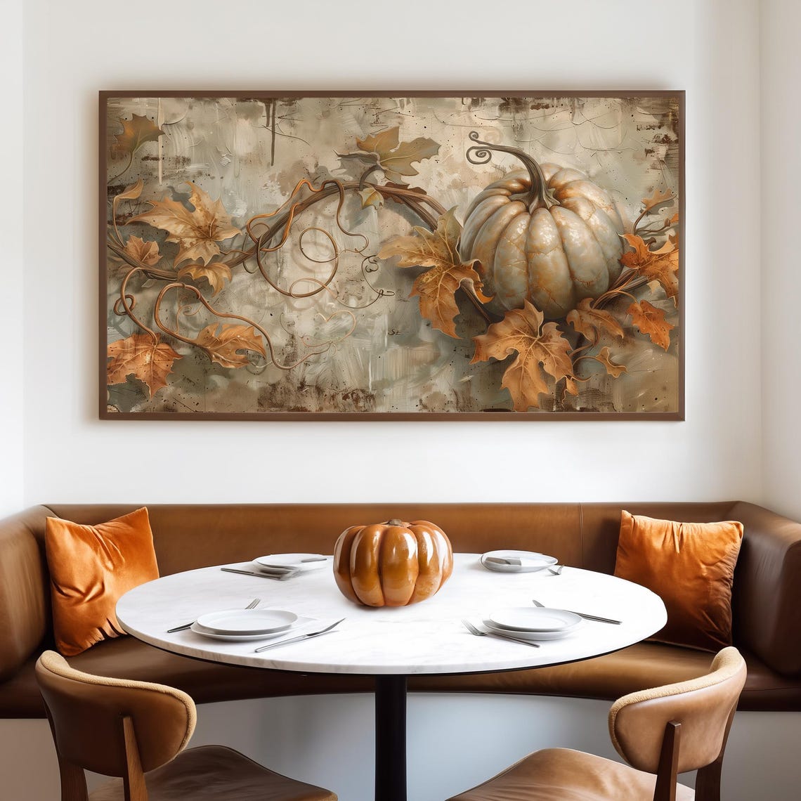 White Pumpkin With Gilded Vines on Textured Gray Plaster Fall Poster - Image 4
