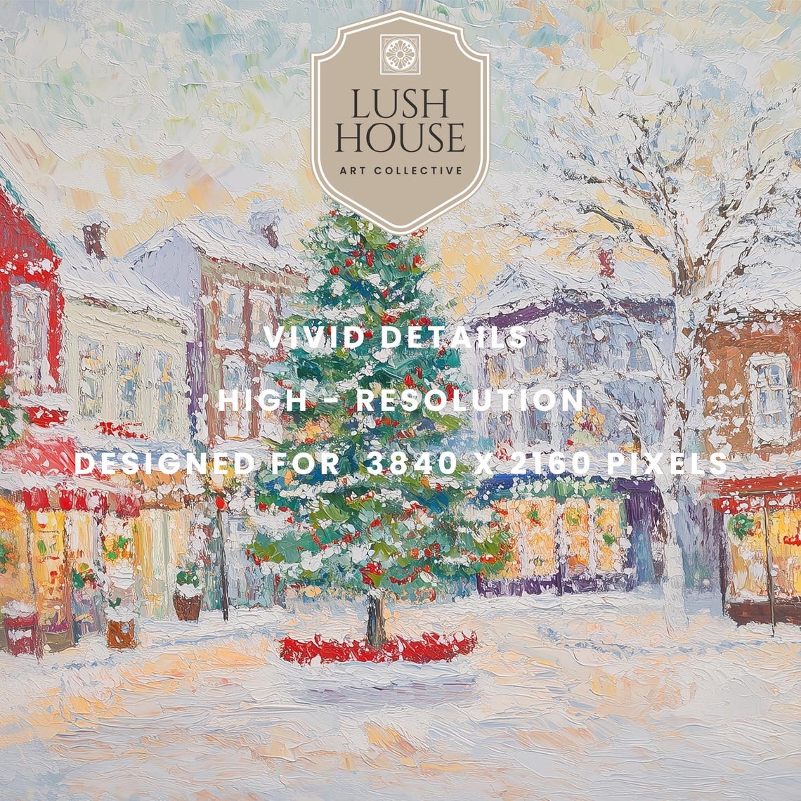 Snowy Town Square with a Lit Christmas Tree and Painted Shops Poster - Image 2
