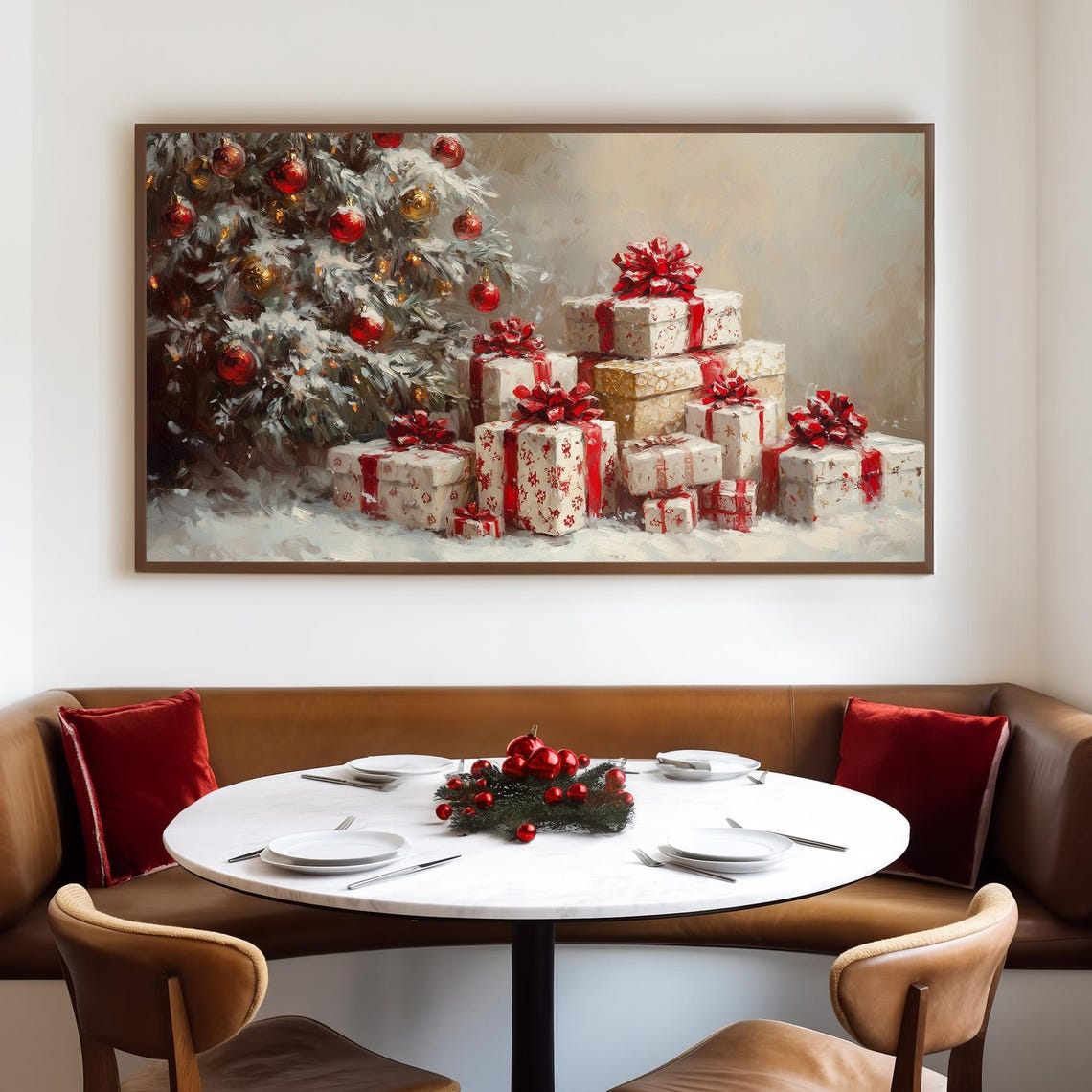 Red Ribbon Christmas Presents Under Snowy Tree Oil Painting Poster - Image 4