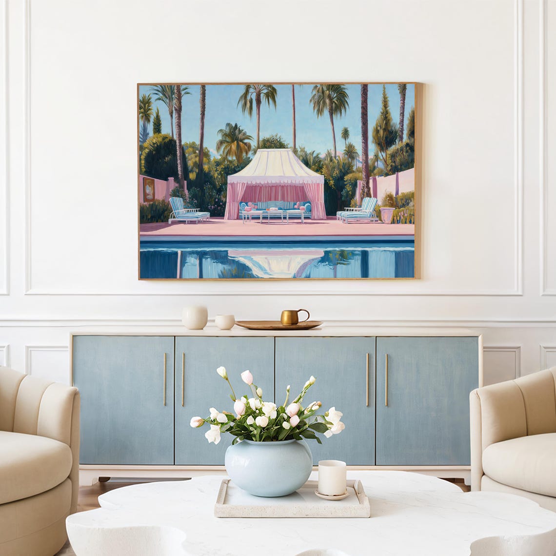 Palm Springs Pink Poolside Cabana Palm Trees Summer Resort Art Poster