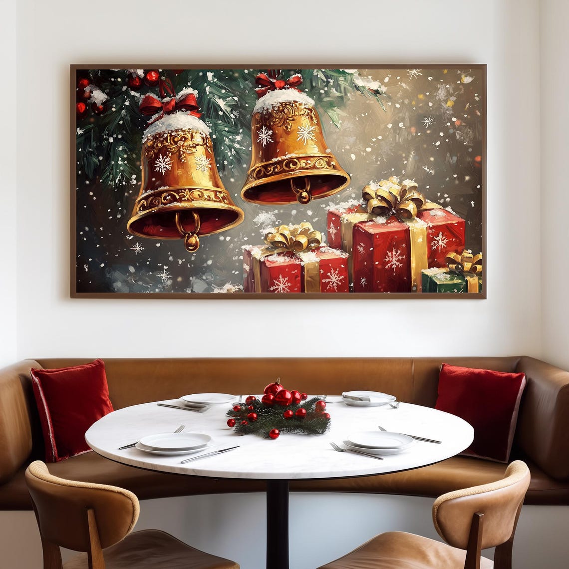 Golden Christmas Bells With Red Bows Above Snowy Gift Boxes Poster - Image 4