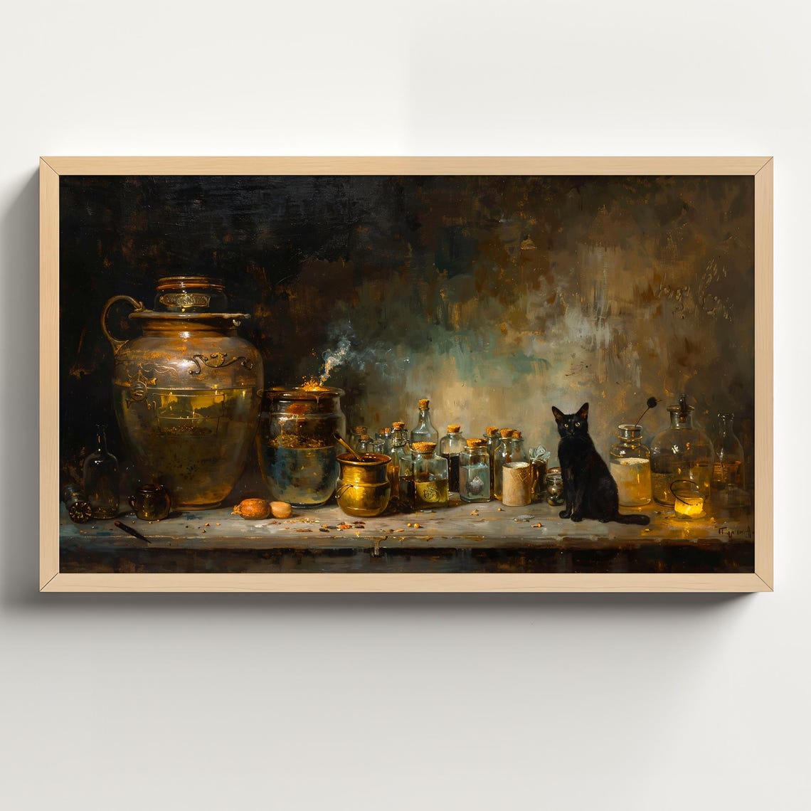 Witch Apothecary Still Life With Black Cat and Potion Bottles Poster