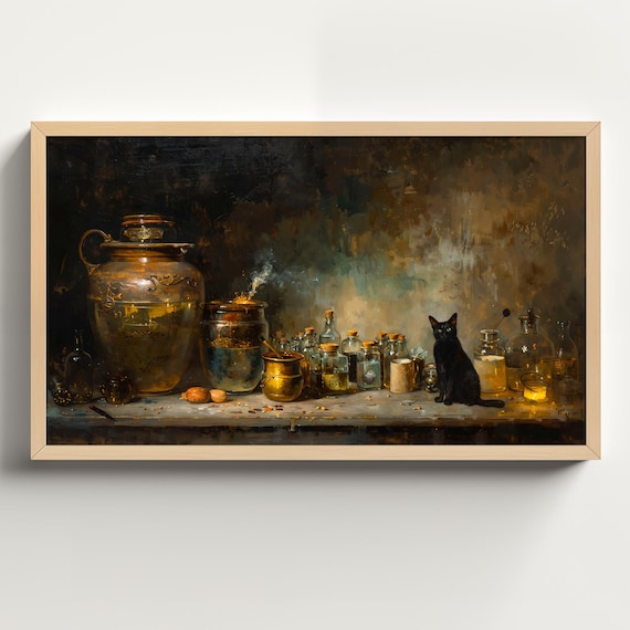 Witch Apothecary Still Life With Black Cat and Potion Bottles Poster