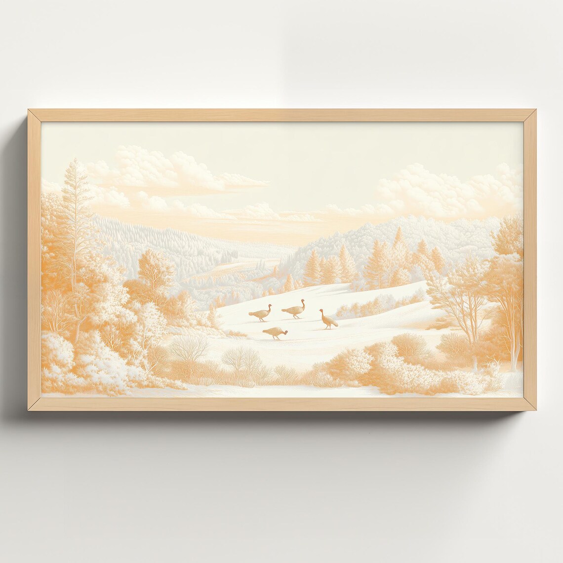 Sepia Turkeys In Snowy Field Vintage Fall Landscape Sketch Poster