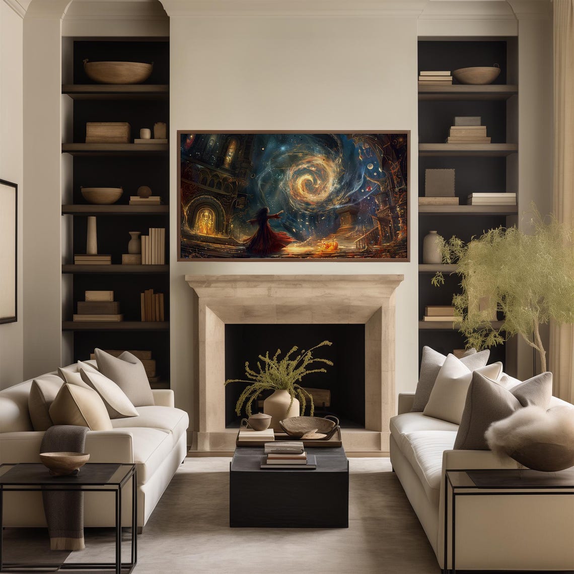 Witch Casting a Spell Beneath a Swirling Golden Galaxy Night Poster - Image 2