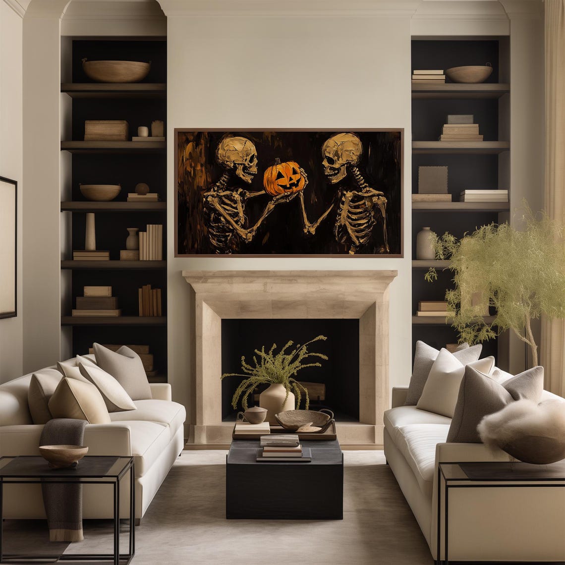 Two Skeletons Presenting a Glowing Jack O Lantern Together Poster - Image 2