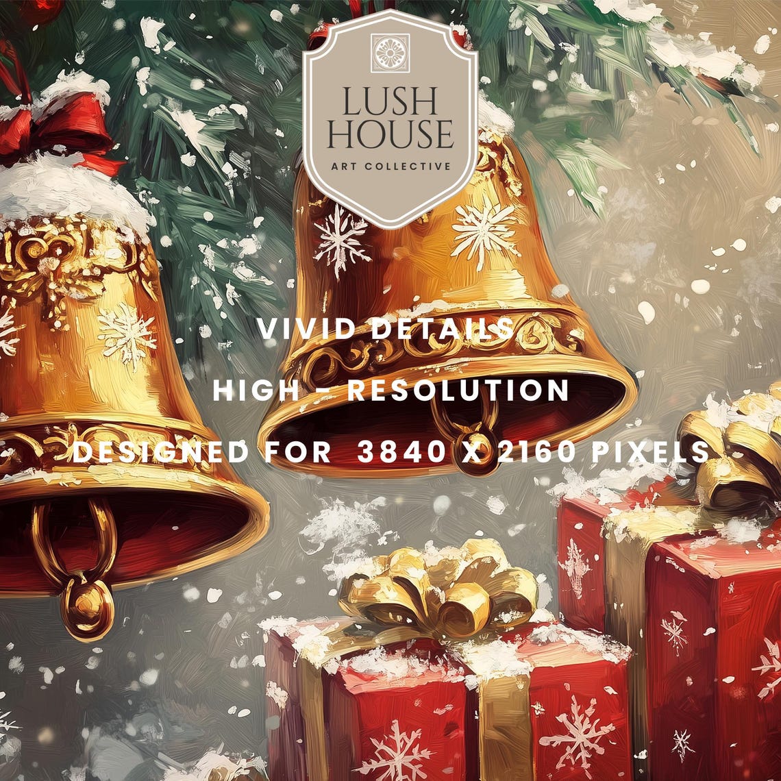 Golden Christmas Bells With Red Bows Above Snowy Gift Boxes Poster - Image 2