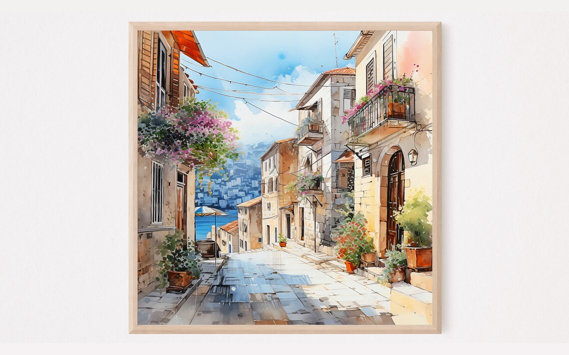 Split Croatia Old Town Stone Street Sea View Watercolor Travel Poster
