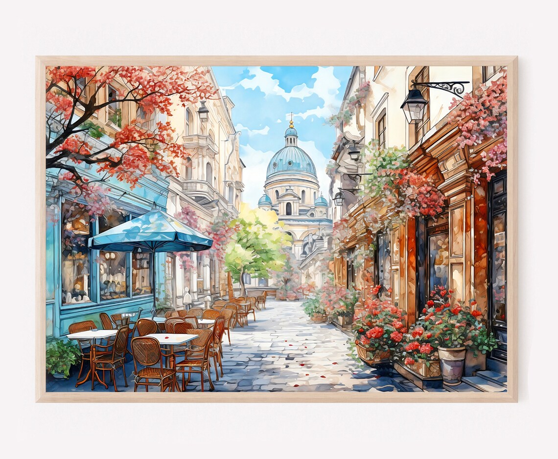 European Cafe Street Domed Church Watercolor City Painting Poster