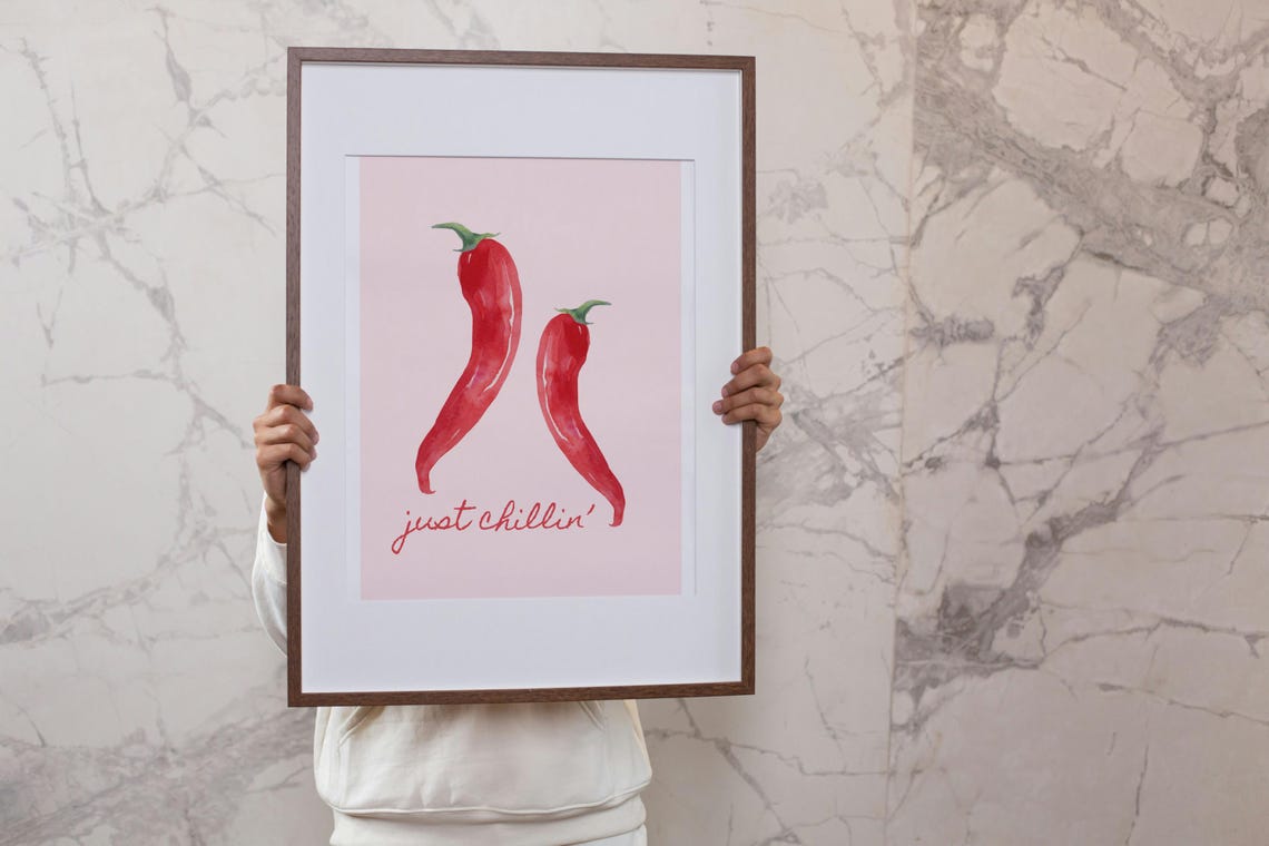 Just Chillin Watercolor Red Chili Peppers Pun Kitchen Humor Wall Art - Image 4