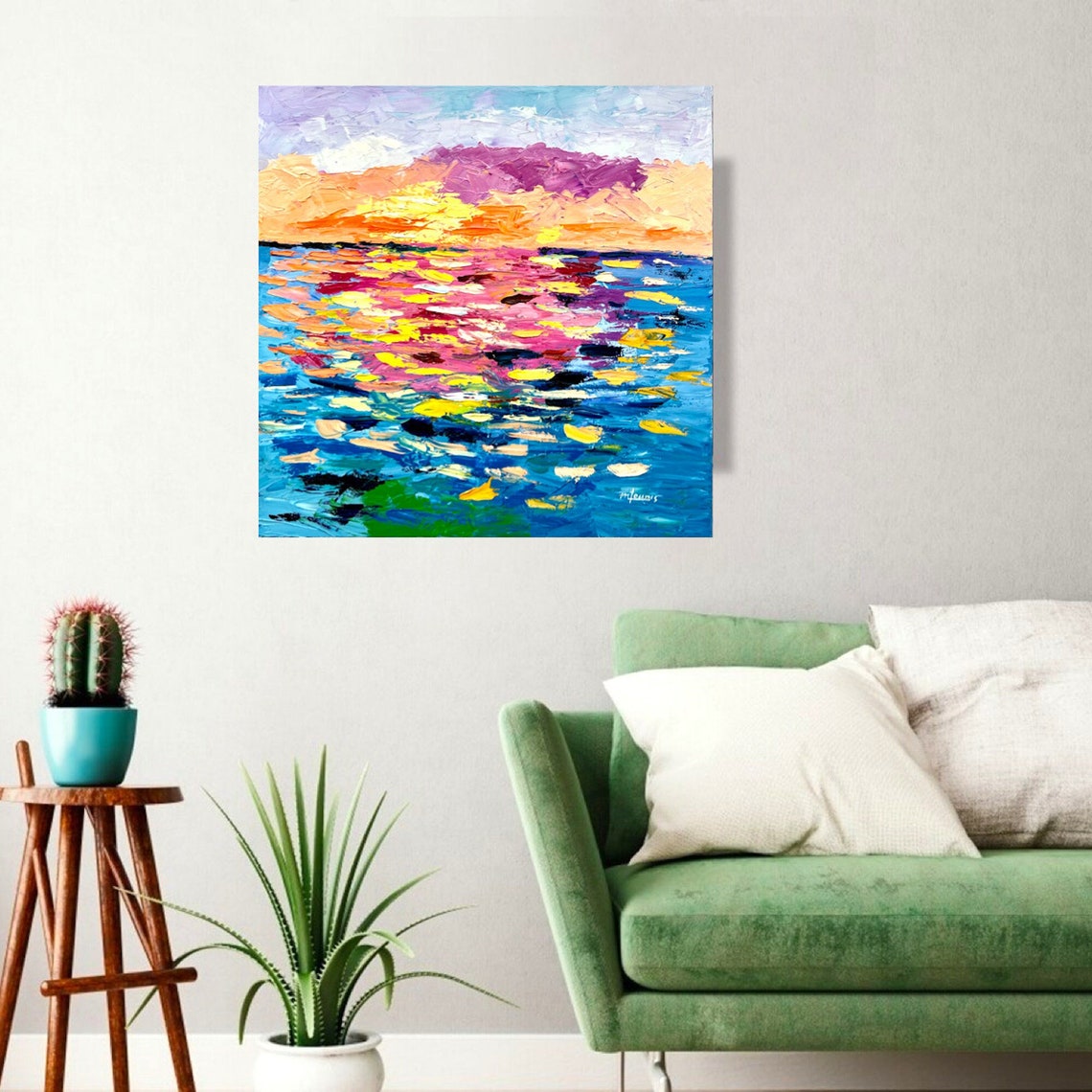 Abstract Ocean Sunset Impasto Pink Orange Blue Waves Textured Poster