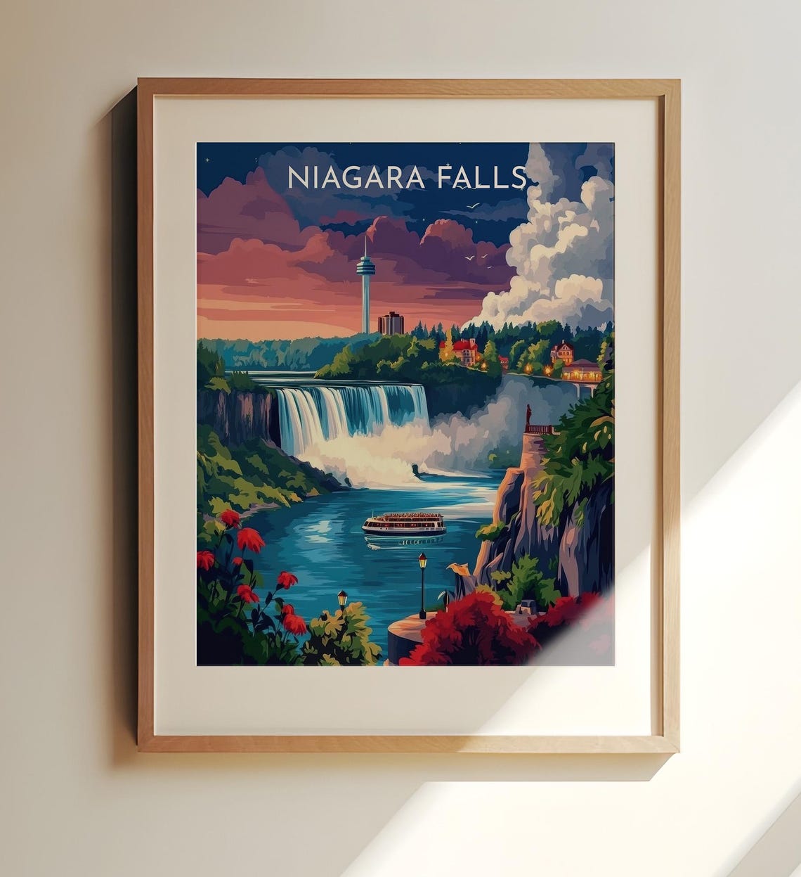 Niagara Falls Canada Sunset Waterfall Skylon Tower Travel Print