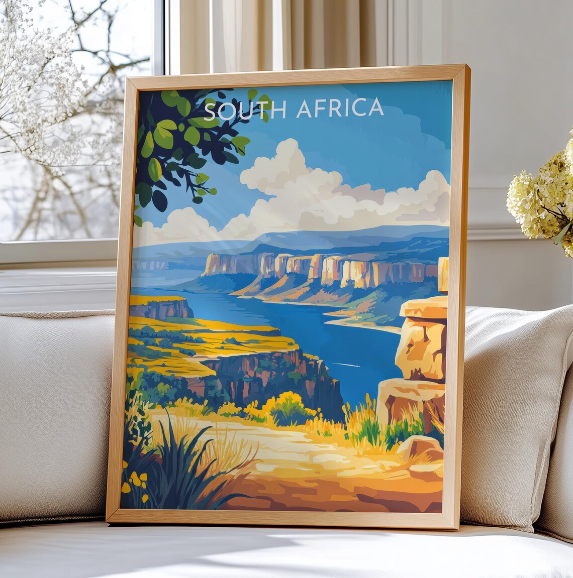 South Africa Canyon River Vintage Travel Poster Blue Cliffs Wall Decor