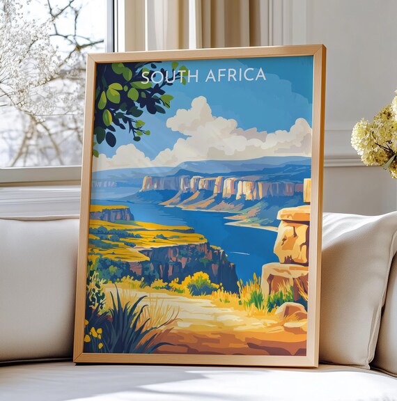 South Africa Canyon River Vintage Travel Poster Blue Cliffs Wall Decor