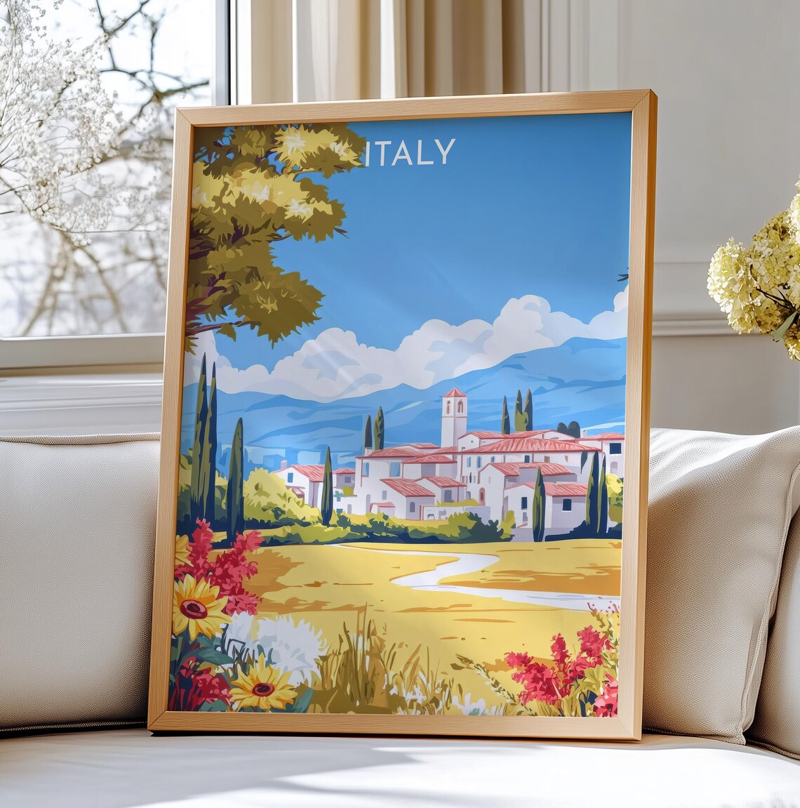 Tuscany Italy Village Cypress Sunflower Golden Field Travel Poster