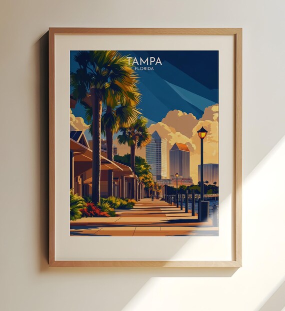 Tampa Florida Riverwalk Palm Tree Downtown Skyline Travel Art Poster