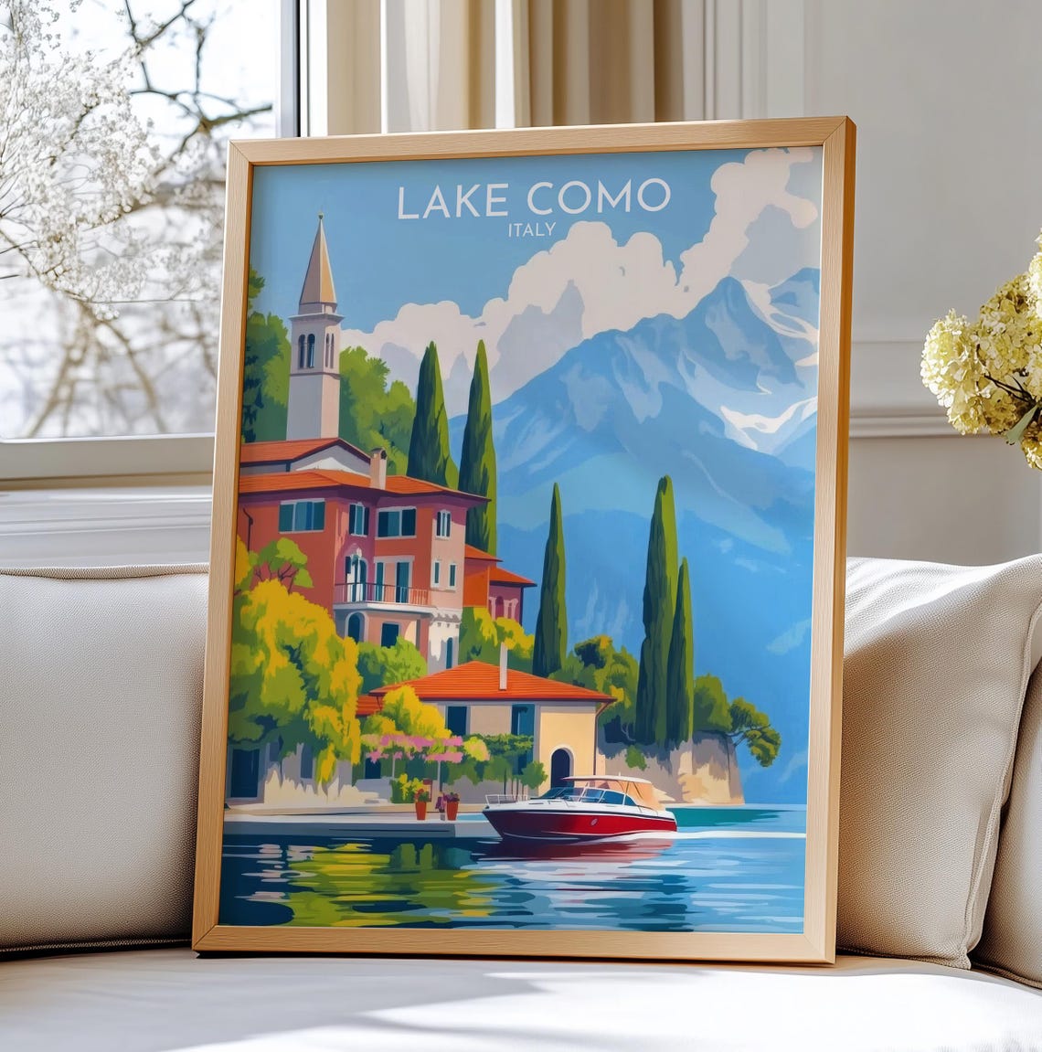 Lake Como Italy Vintage Lakeside Villa Cypress Motorboat Travel Poster