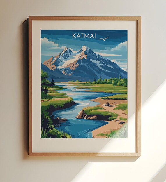 Katmai Wild Mountain Peak Winding River Meadow Travel Poster