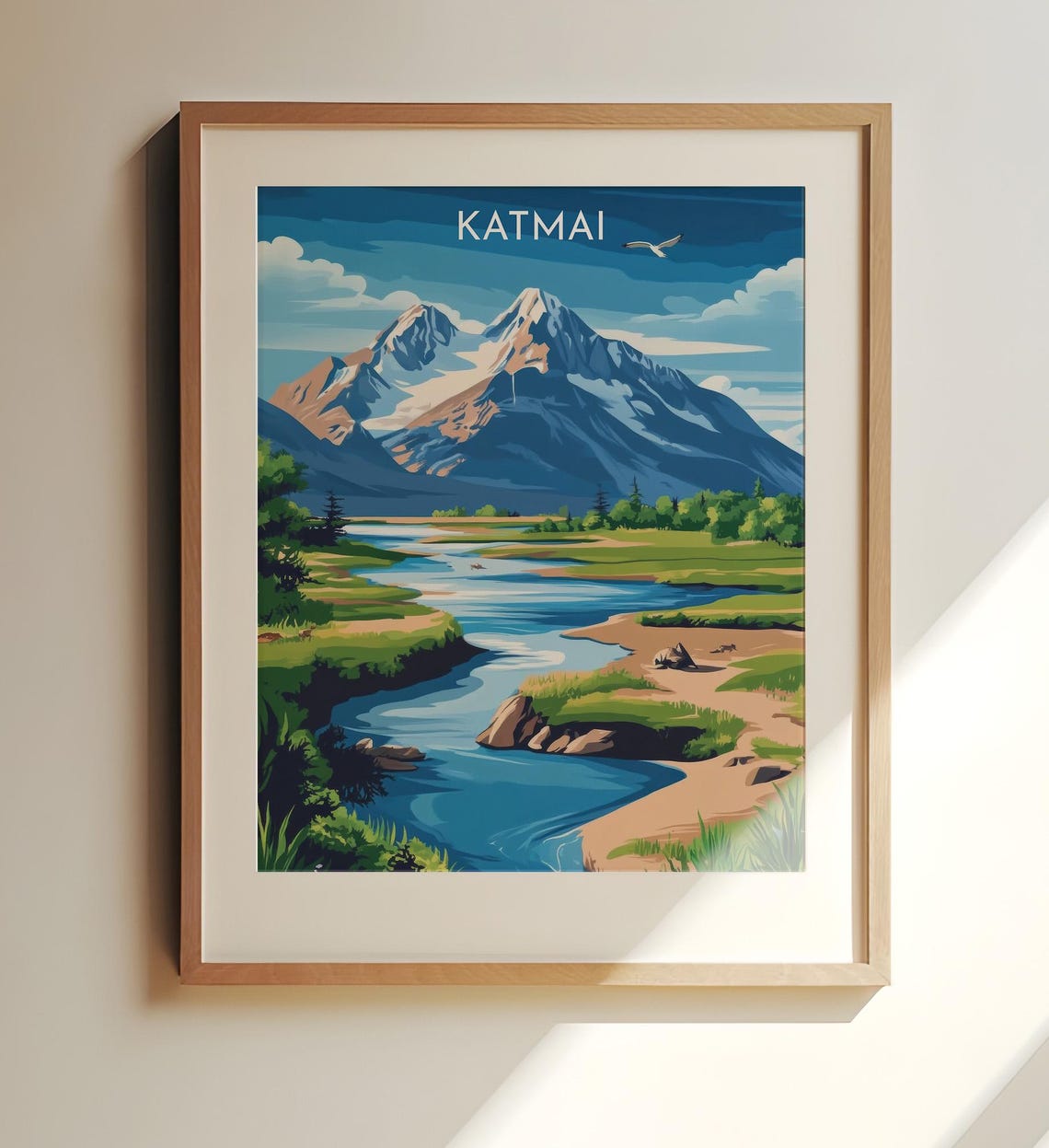 Katmai Wild Mountain Peak Winding River Meadow Travel Poster