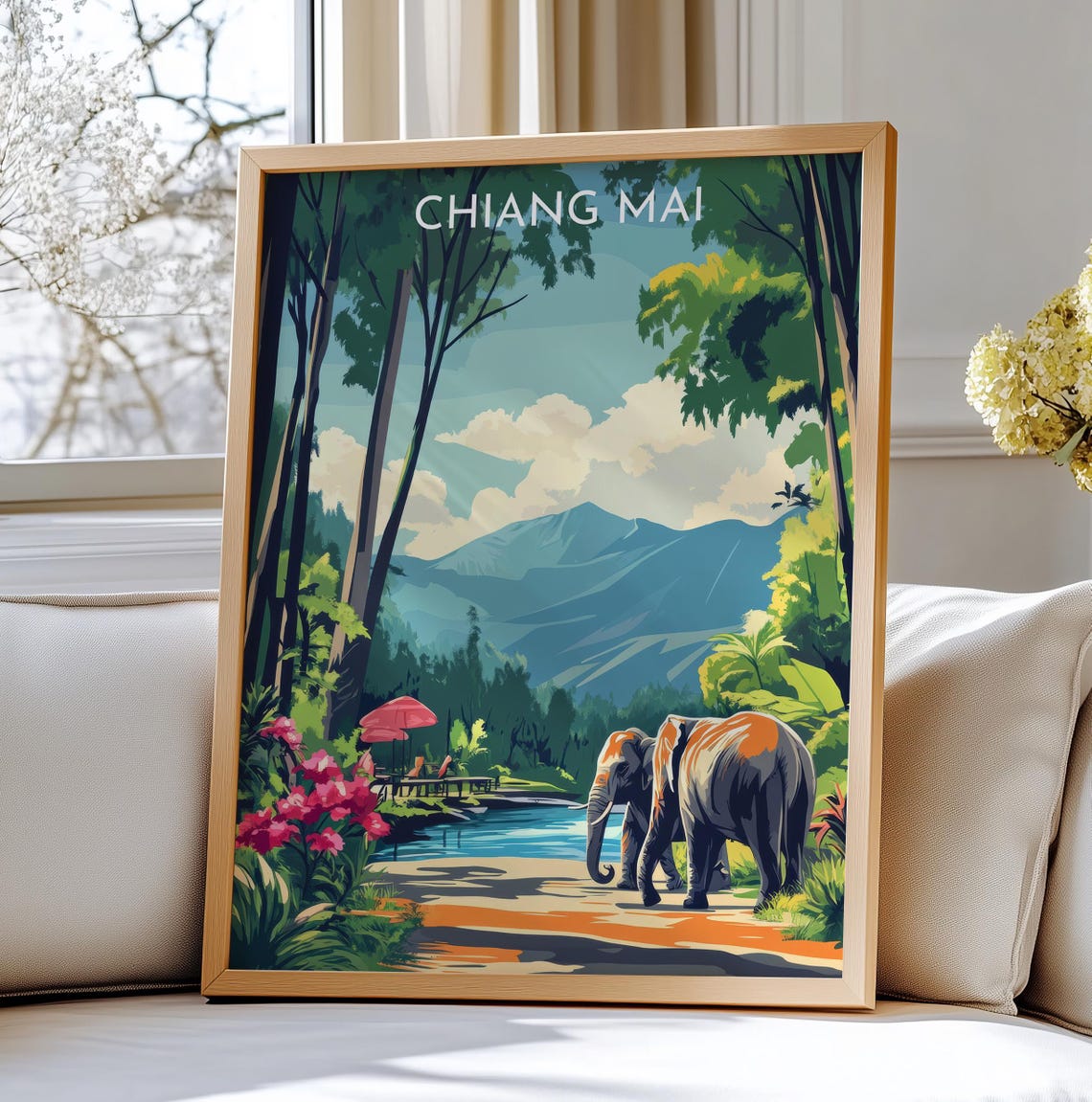Chiang Mai Elephant Sanctuary Forest River Retro Travel Poster