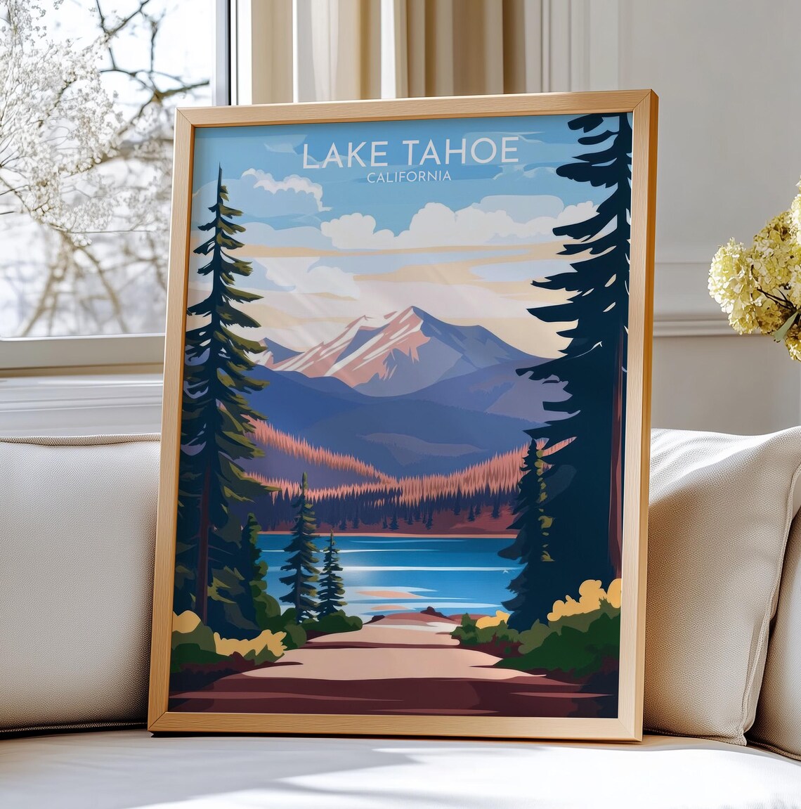 Lake Tahoe California Pine Forest Mountain Lake Vintage Travel Poster