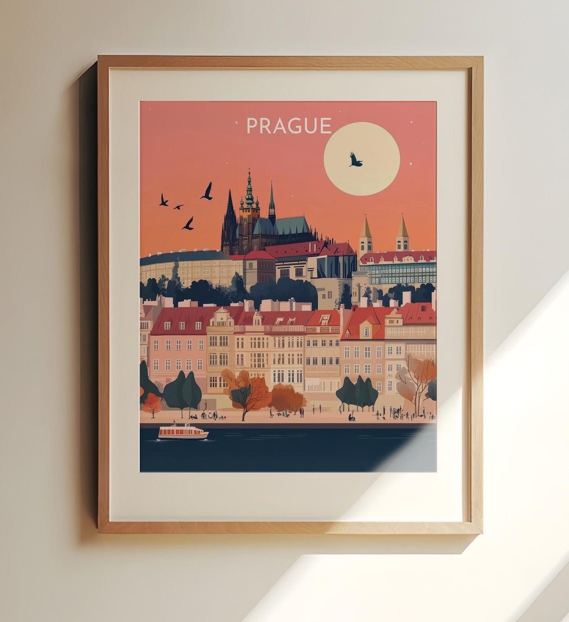Prague Castle Riverside Moonlit Dusk Warm Colored Travel Poster