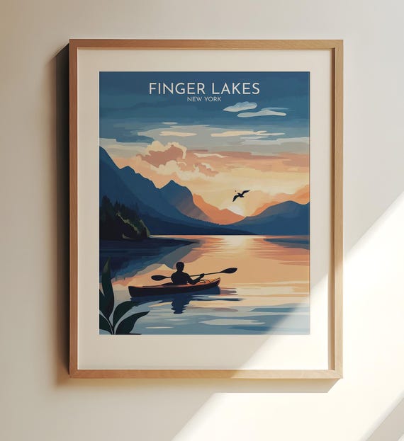 Finger Lakes New York Travel Art Poster Sunset Canoe Illustration Wall Decor