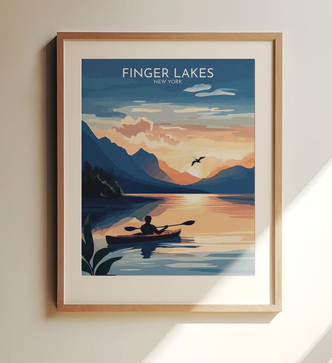 Finger Lakes New York Travel Art Poster Sunset Canoe Illustration Wall Decor