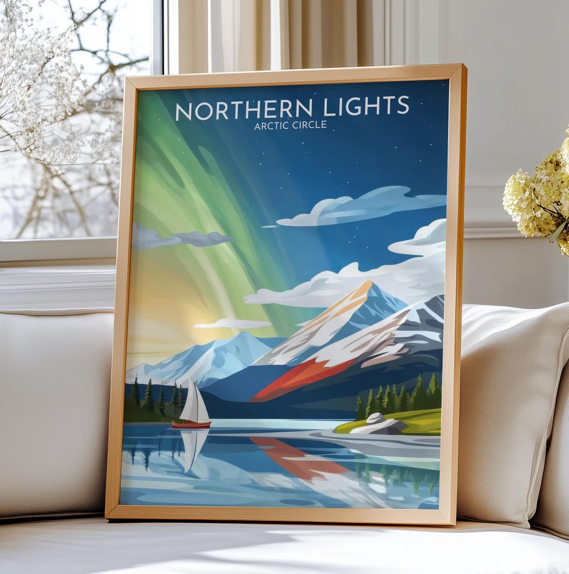 Northern Lights Arctic Circle Sailboat Lake Aurora Travel Poster