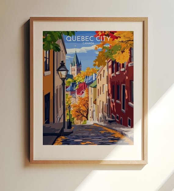 Quebec City Canada Fall Old Street Cobblestone Vintage Travel Poster