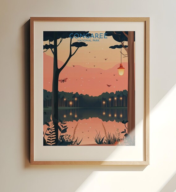 Congaree National Park Sunset Marsh Fireflies Lantern Art Poster