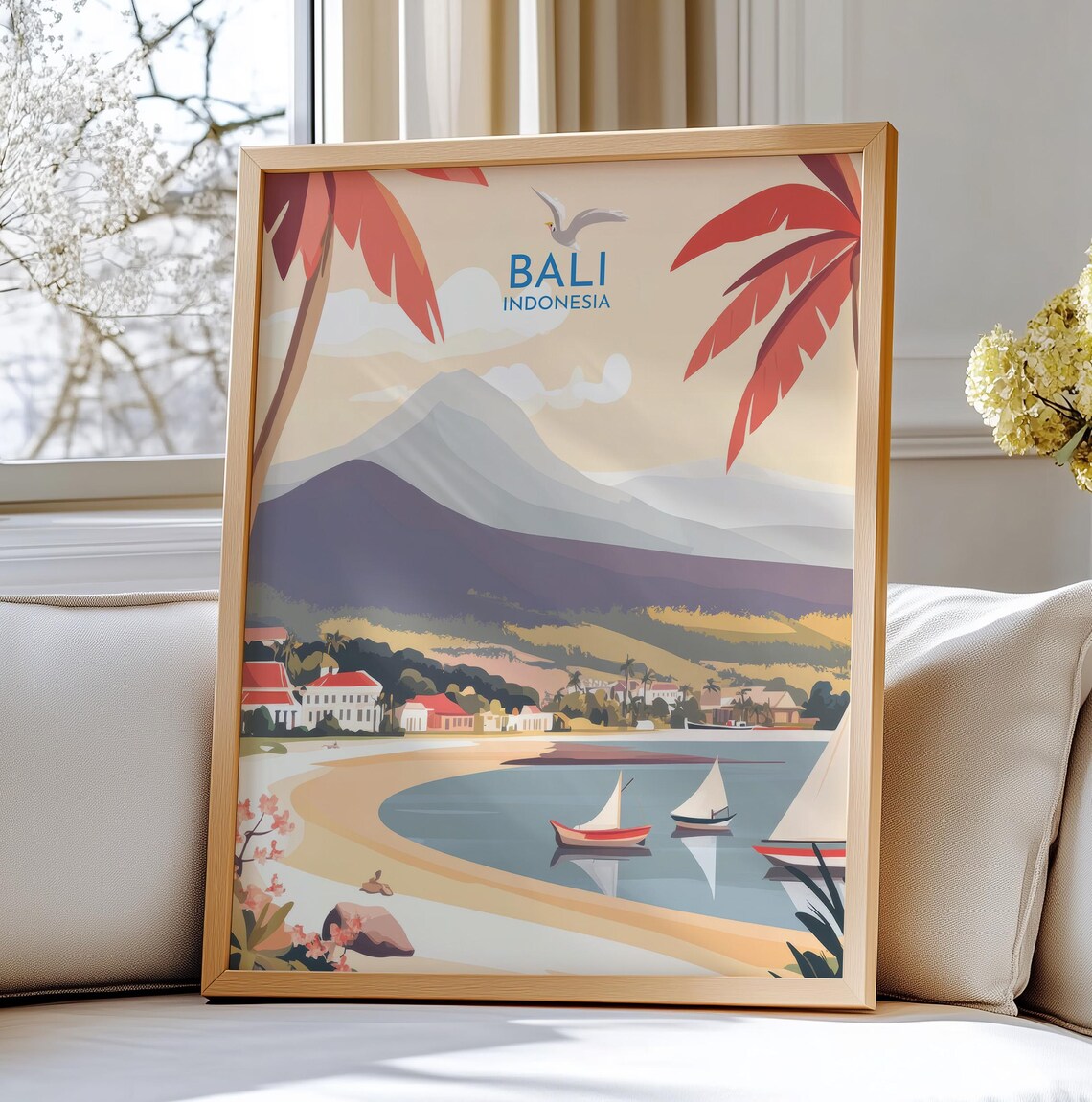 Bali Indonesia Beach Sailboats Mount Agung Vintage Travel Poster