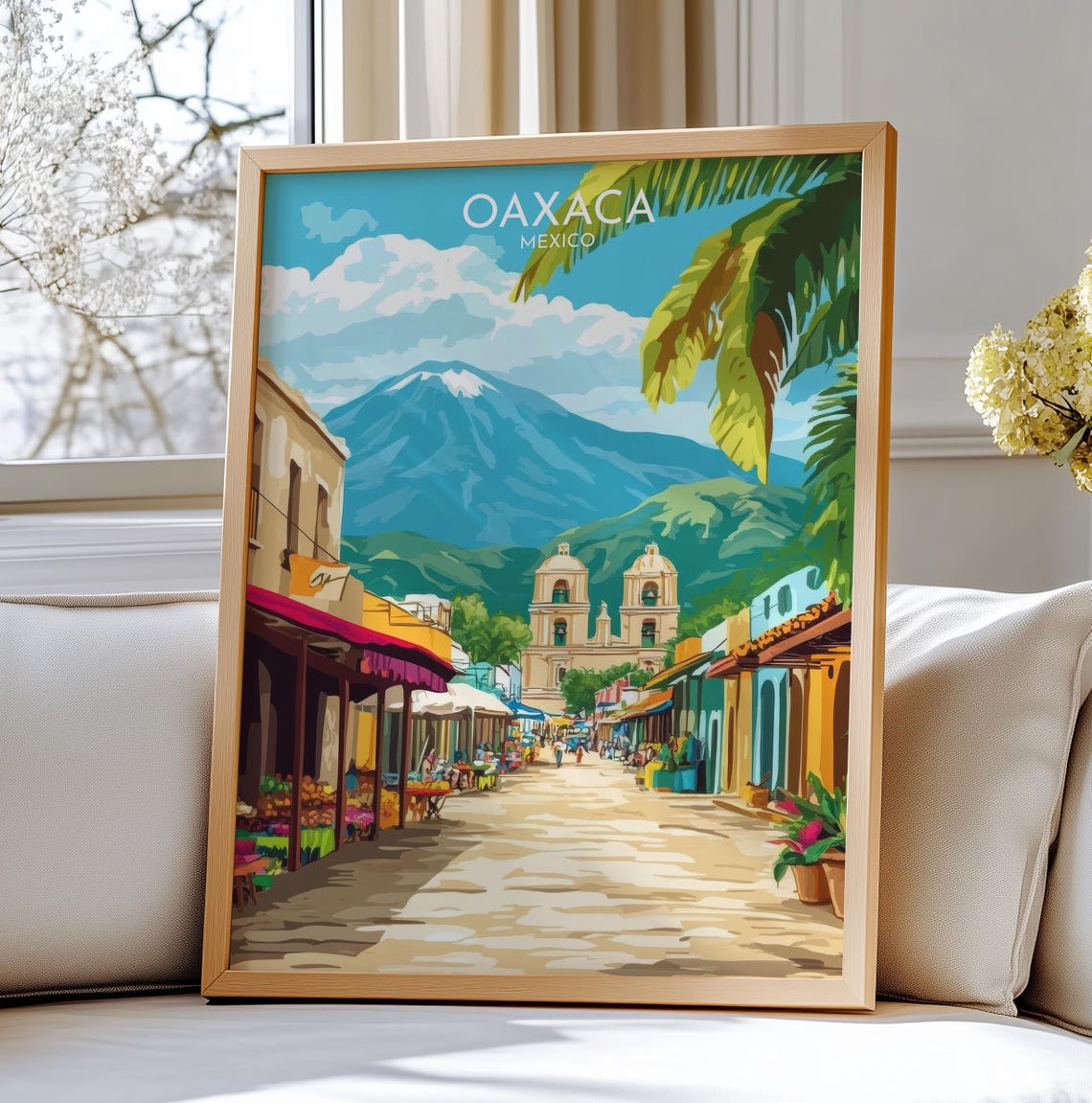 Oaxaca Mexico Colonial Street Cathedral Mountain Travel Poster