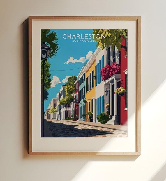 Charleston South Carolina Rainbow Row Colorful Street Travel Poster