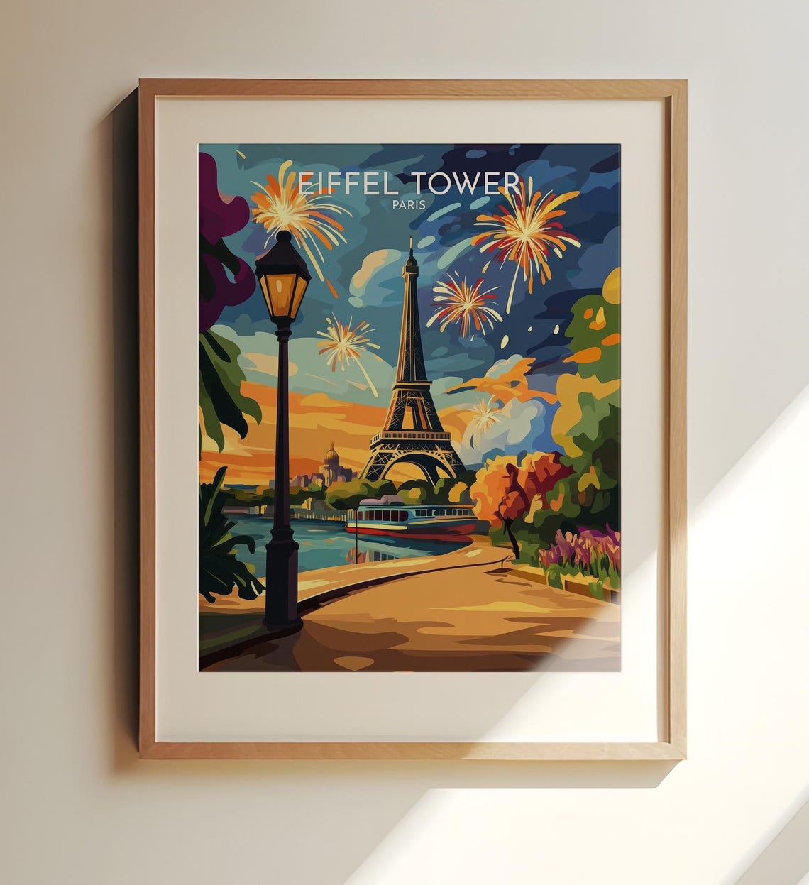 Eiffel Tower Paris Night Fireworks Seine Vintage Travel Poster