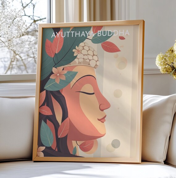 Ayutthaya Thailand Travel Art Wall Print Serene Buddha Illustration