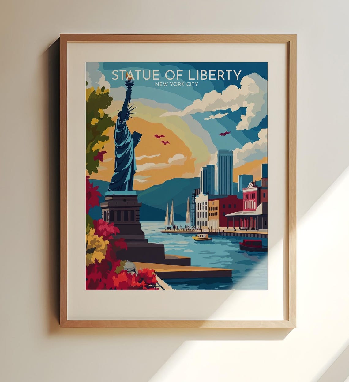 Statue Of Liberty New York City Sunset Harbor Vintage Travel Poster