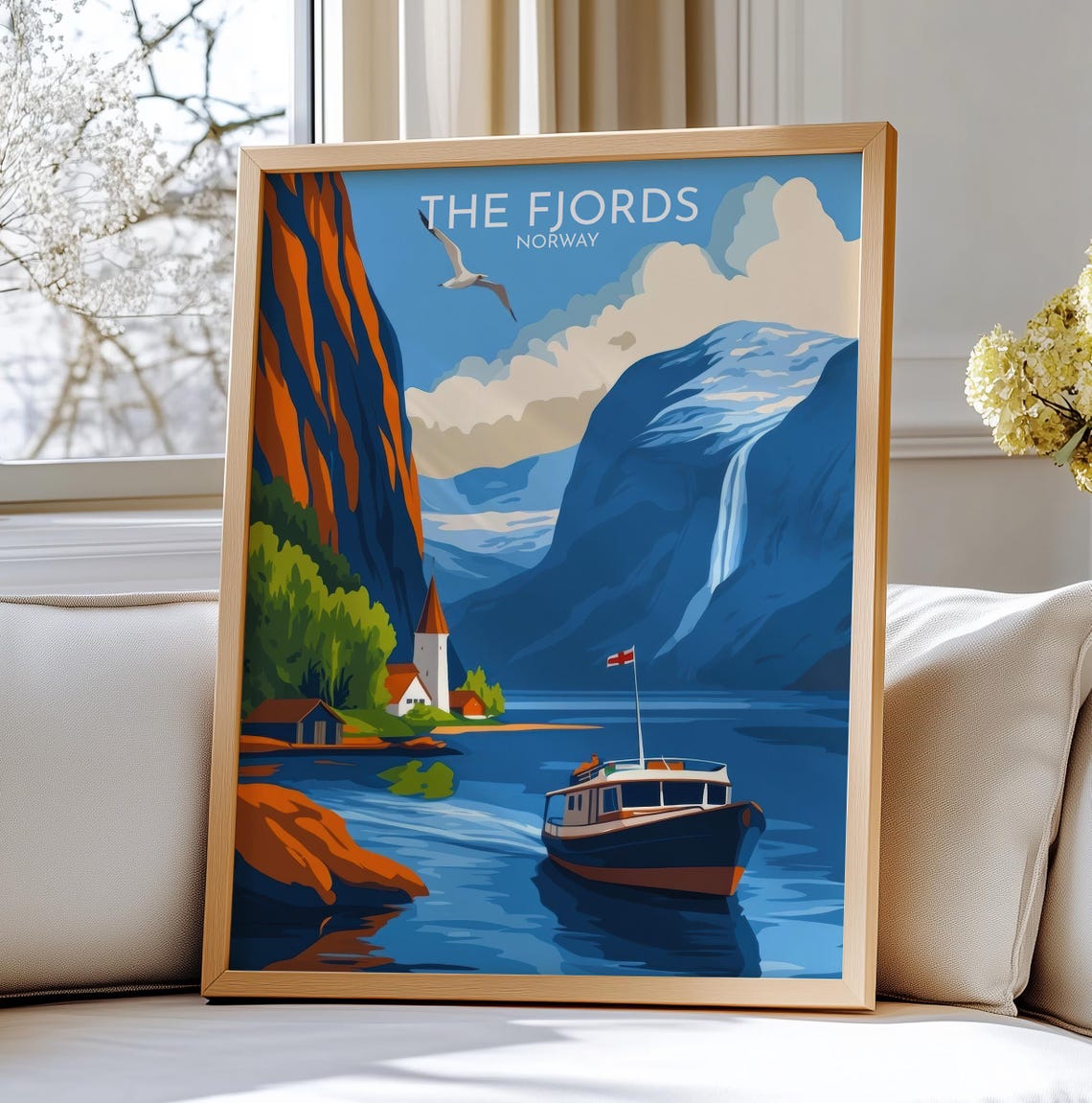 The Fjords Norway Boat Waterfall Vintage Travel Scandinavia Poster