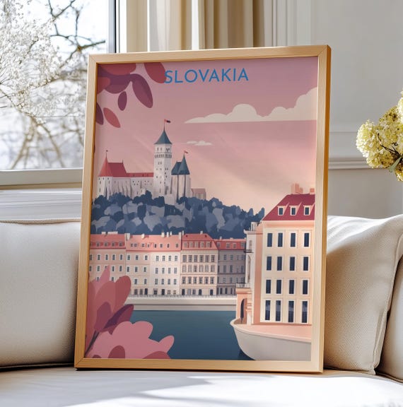Bratislava Slovakia Travel Poster Art Charming Castle And River Scene In
